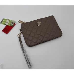 NWT Badgley Mischka Wristlet Quilted Vegan Leather Taupe Gold Zipper Logo